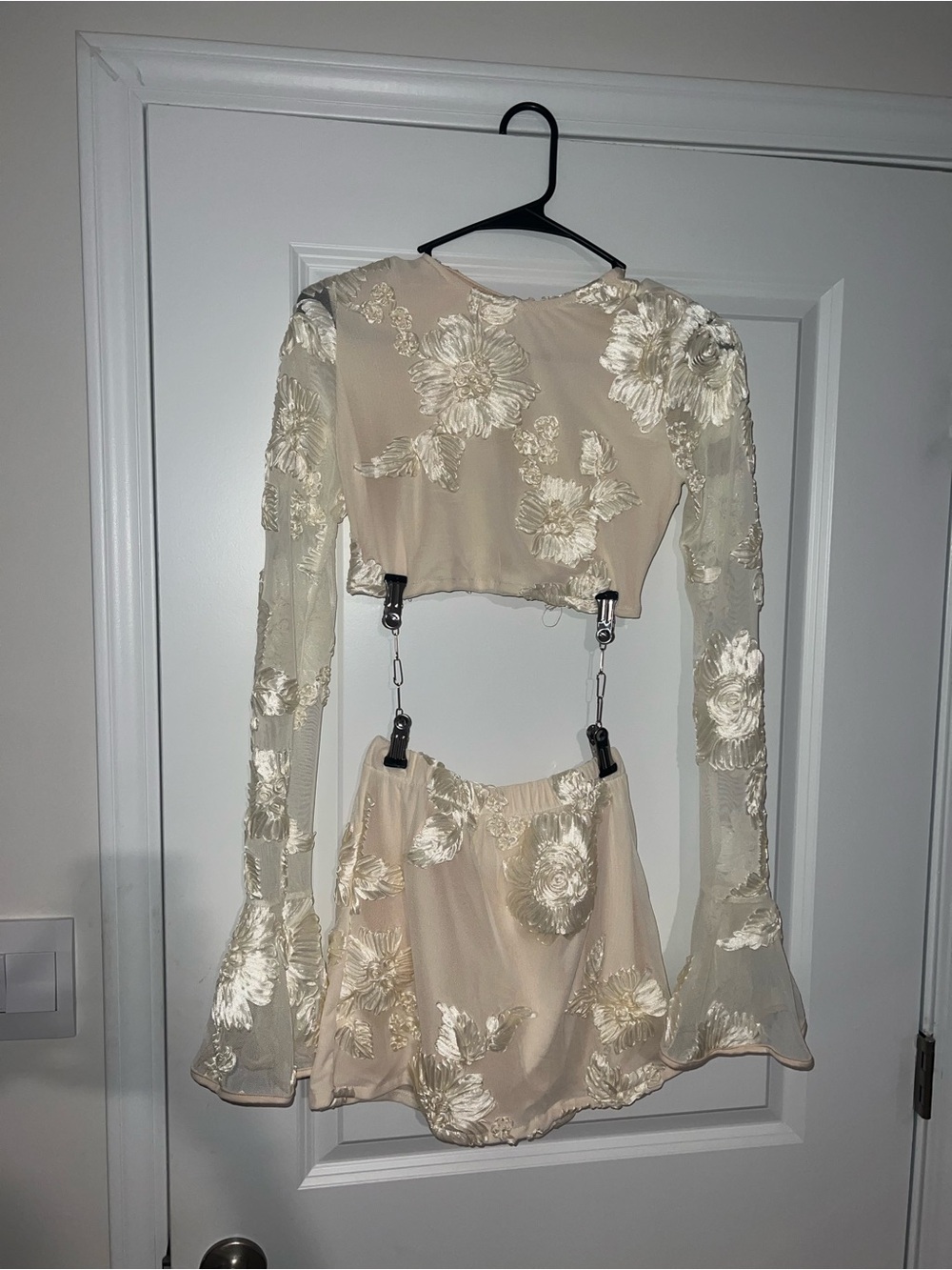 Floral Embroidered Long Sleeve CropTop and Mini Skirt set in Cream
